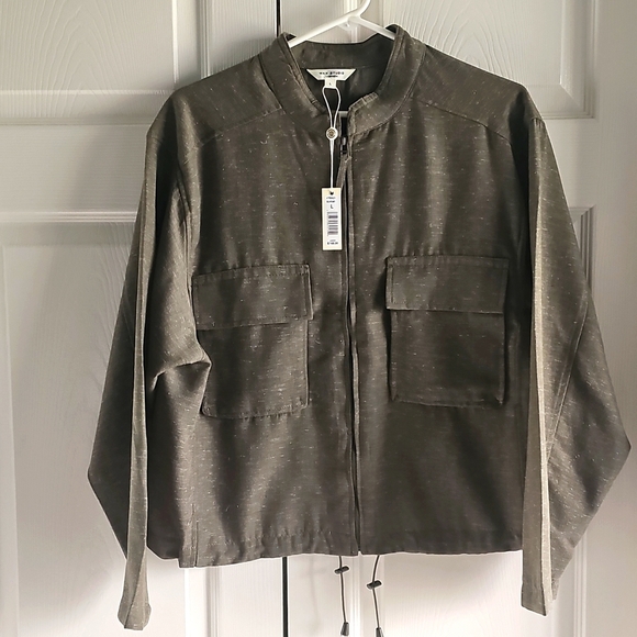 NWT Max Studio Space Dye Light Drawstring Crop Utility Jacket Olive Large - Picture 2 of 14